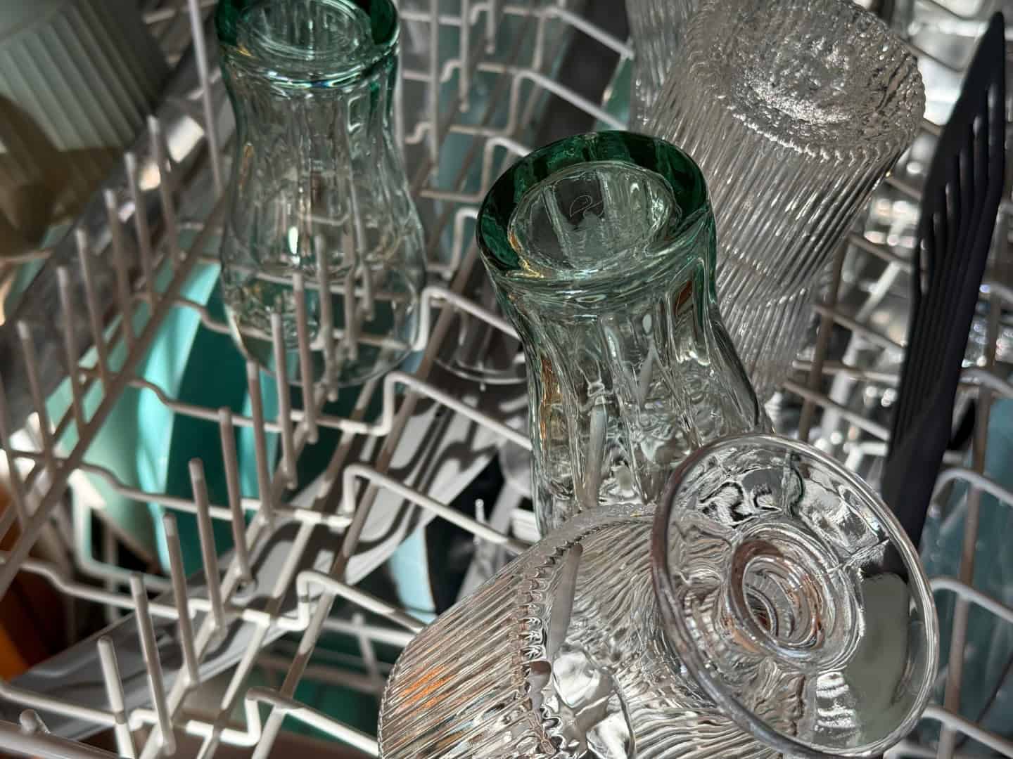 Dishwasher finished cycle clean glasses mugs cups real UGC top view kitchen appliance laundry home photography sparkling ready unload shot cutlery plates steel